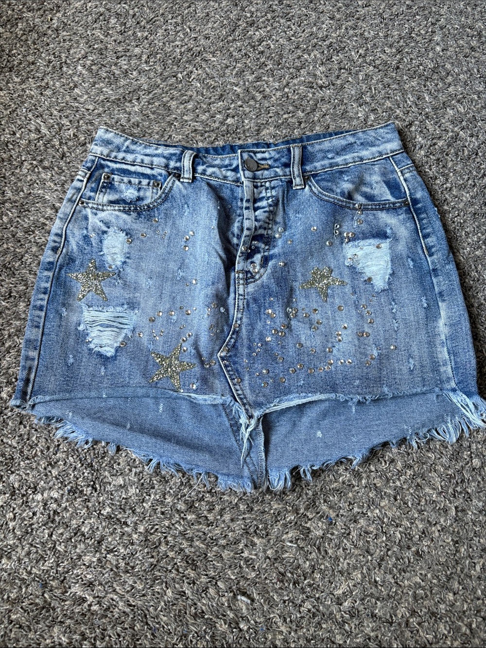 Women’s Blue Distressed High-Rise Jean Shorts with Star Studs